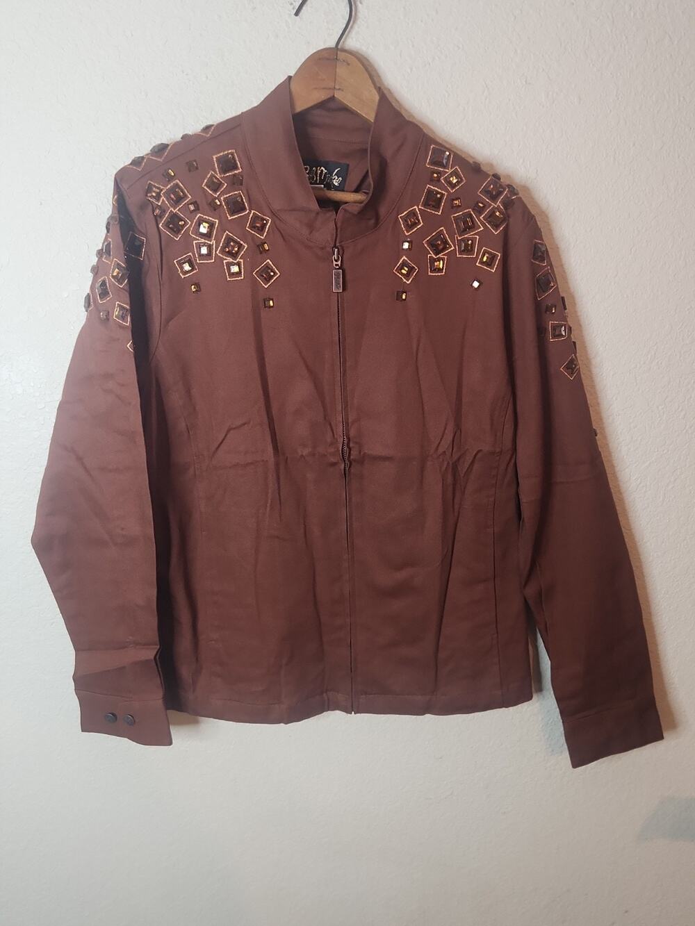 New Bob Mackie Square Jeweled Zip Up Denim Jacket Cinnamon Size Large
